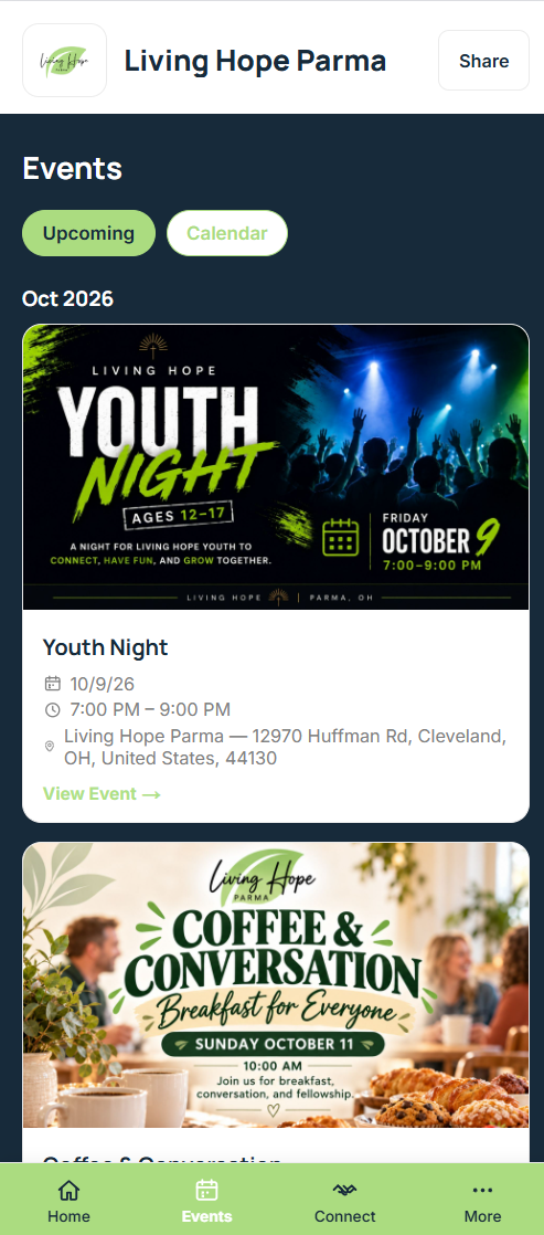 Upcoming events list in a church's public app, including the bottom navigation