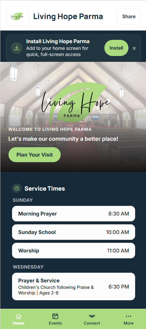 A church's public app home screen with service times and events, including the bottom navigation